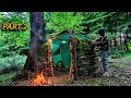 Two nights alone in the shelter  part2  building a shelter in the rain  fire sausage  wild hut