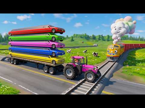 TRANSPORTING PIXAR CARS & FRUITS WITH COLORED & JOHN DEERE vs CLAAS vs TRACTORS - BeamNG.drive #983