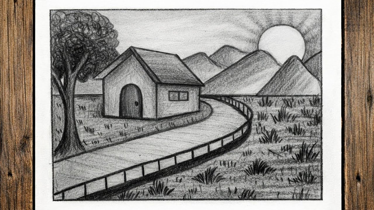 Simple House Village Scenery Drawing | Easy Pencil Sketch Step by Step for Beginners