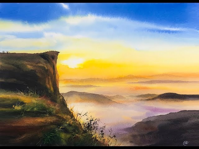 Watercolor Sunset over a Mountain Painting Demo