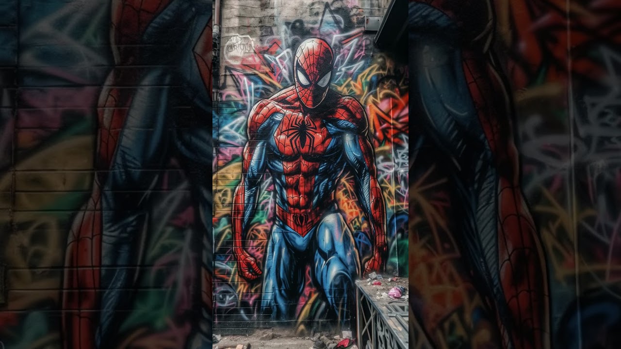 Marvel Comics / Spider Man as a street artist creating graffiti on a city wall