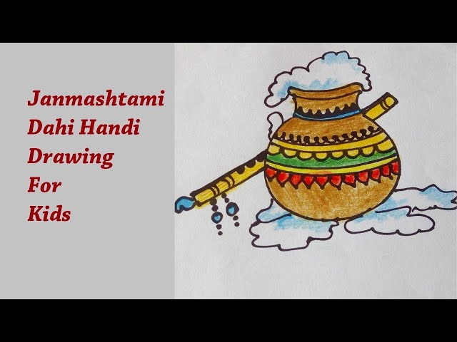 Janmashtami Dahi Handi drawing with Krishna