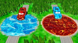 Exteme LAVA & ICE Pit Vs Lightning Mcqueen with Big & Small Pixar Cars! BeamNG.Drive Battle!