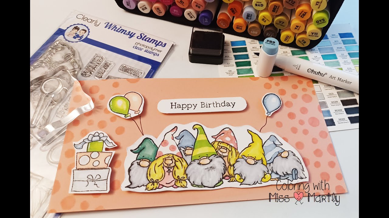 Scrapbooking IDEA | Birthday card with Whimsy Stamps and Markers | Gnome Party DIY