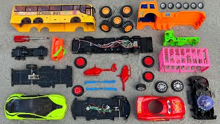 Assemble Yellow School Bus, Sports Car, Animal Carrier Truck & etc | Toy Vehicles Attachment