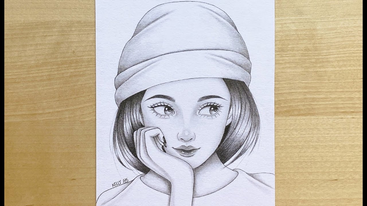 draw a girl wearing winter hat step by step sketch drawing 