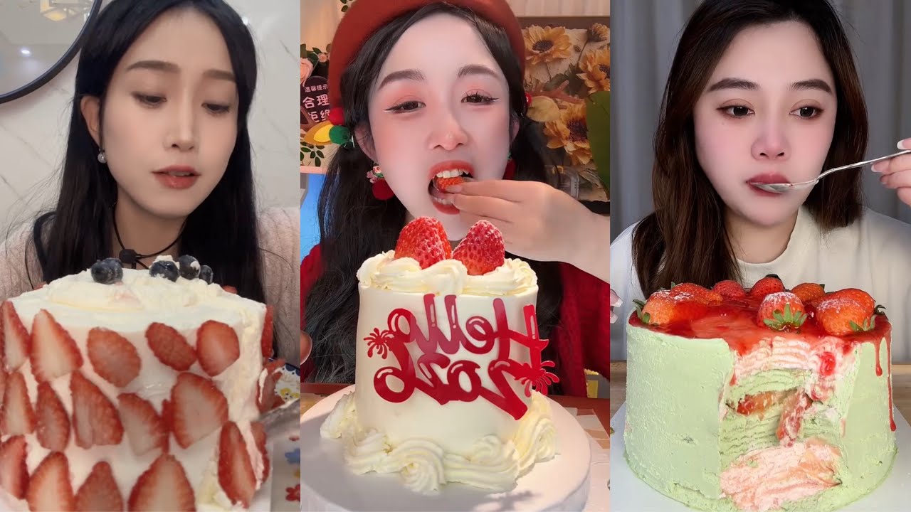 Strawberry Cream Cake Eating Sounds | Soft & Fresh Dessert ASMR MUKBANG