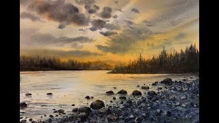 How to paint sunset scene in watercolor painting demo by javid tabatabaei