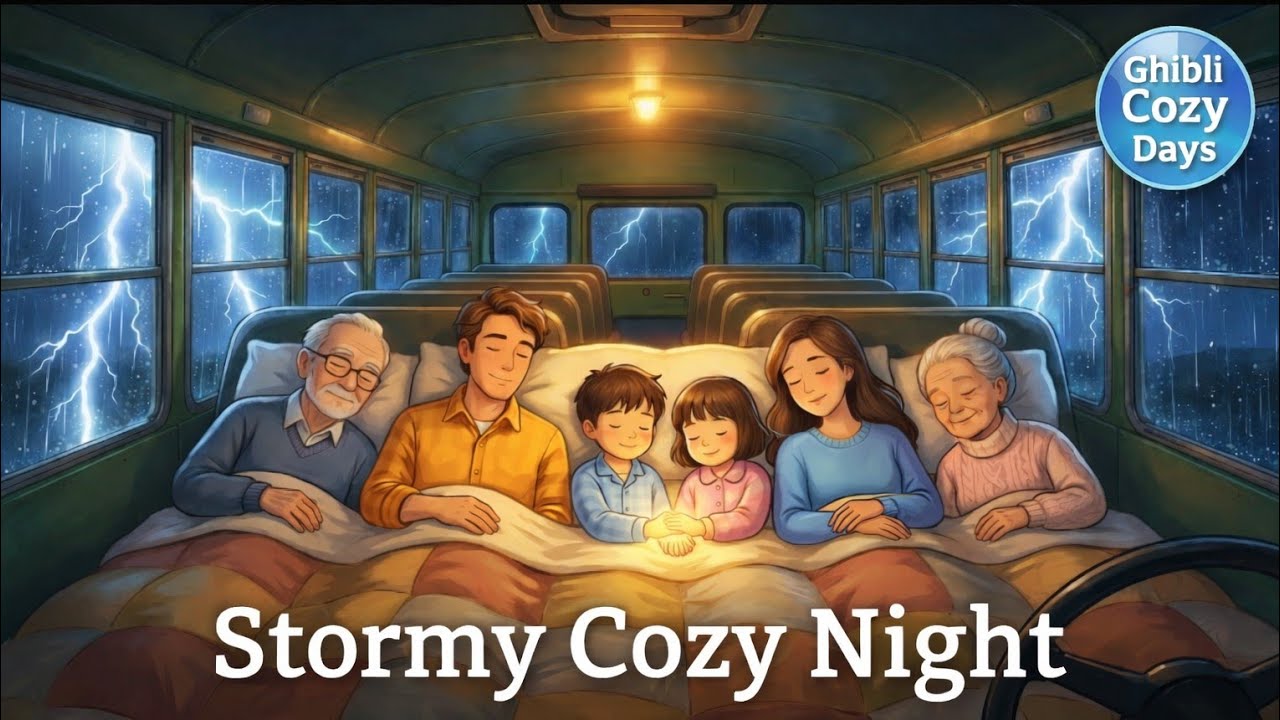 Family Night in Our Tiny Bus Home 🚌  | Cozy Thunderstorm &Warm Blanket | Ghibli-Inspired