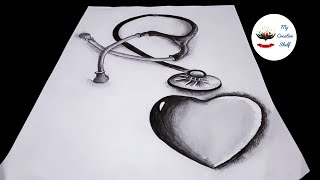 How to Draw 3D Stethoscope  and 3D Heart Water Drop Effect | 3D Art Step by step