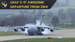 U.S. Air Force Boeing C-17 extremely short takeoff from ZRH - with cold engine start!