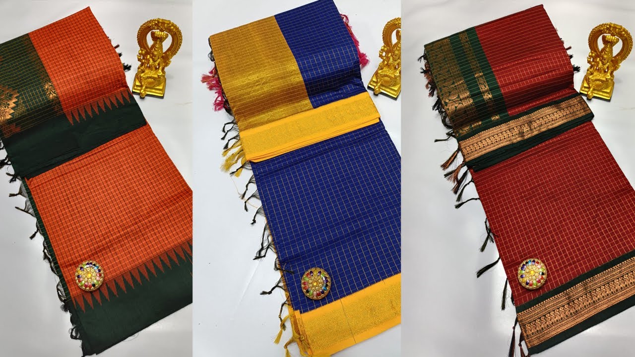 Chettinad Cotton Sarees | Checked Kalyani cotton saree | Grand jari pallu and contrast blouse