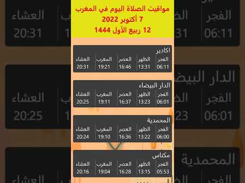 مواقيت الصاة في المغرب اليوم 7 أكتوبر 2022 اكادير الدار البيضاء المحمدية مكناس