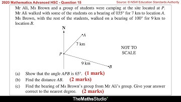2020 Maths Advanced HSC Q15 Find bearing & distance between 2 points using cosine & sine rules*