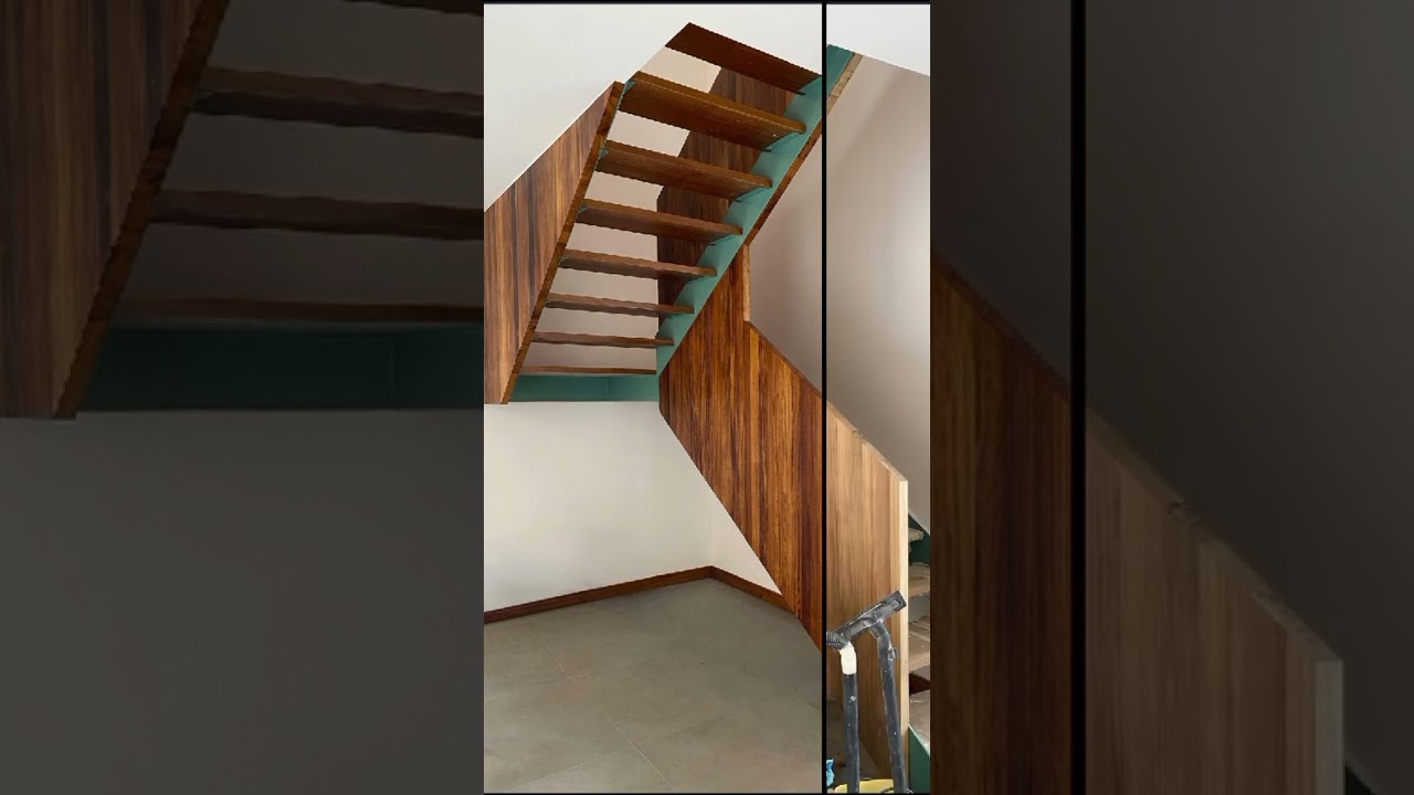 Escalera realizada con tablero macizo en madera de iroko