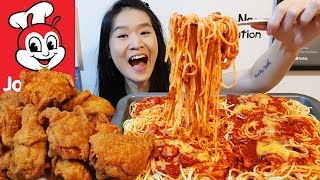 JOLLIBEE FEAST!! Giant Spaghetti Platter & Spicy Chicken Joy | Fried Chicken Mukbang w Eating Sounds