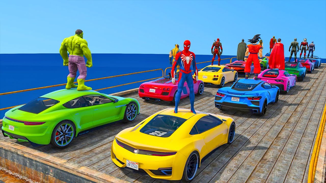 hombre araña en carro | spiderman, hulk and superhero super racing cars ramp challenge | GTA 5 MOD