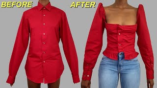 DIY Puff Sleeve Blouse | Square Neck Top From Men&#39;s Shirt | Men&#39;s Shirt Upcycle &amp; Transformation
