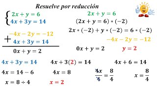 Resuelve por reducción:  2x+y=6 ; 4x+3y=14