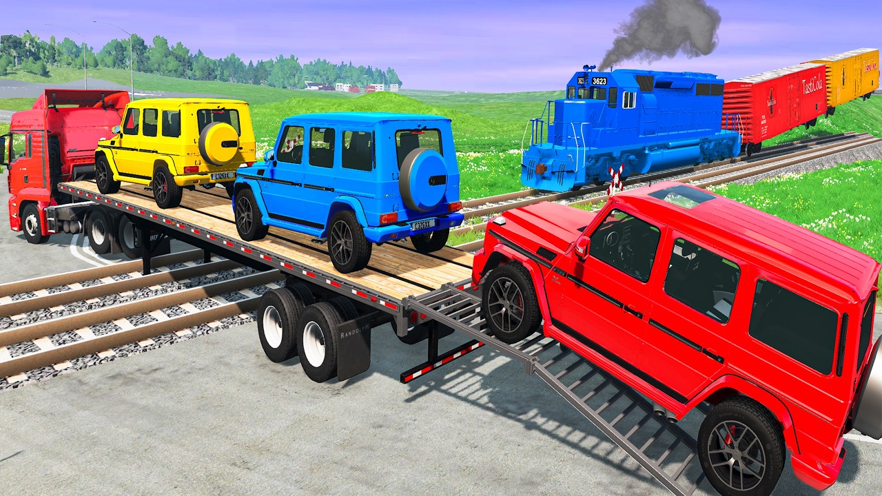 TRANSPORTING PIXAR CARS & FRUITS WITH COLORED & JOHN DEERE vs CLAAS vs TRACTORS - BeamNG.drive #962