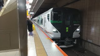 E257系5000番台OM-91編成 特急新宿さざなみ号返却回送警笛を鳴らして東京駅発車