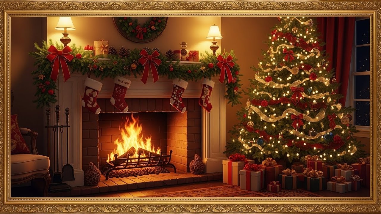 Frame TV Art with Music: Traditional Holiday Warmth: Cozy Fireplace and Sparkling Christmas Tree