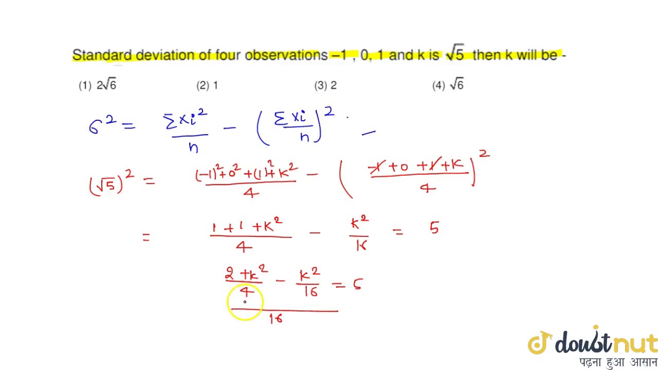 Standard deviation of four observations `1,0,1` and k is
