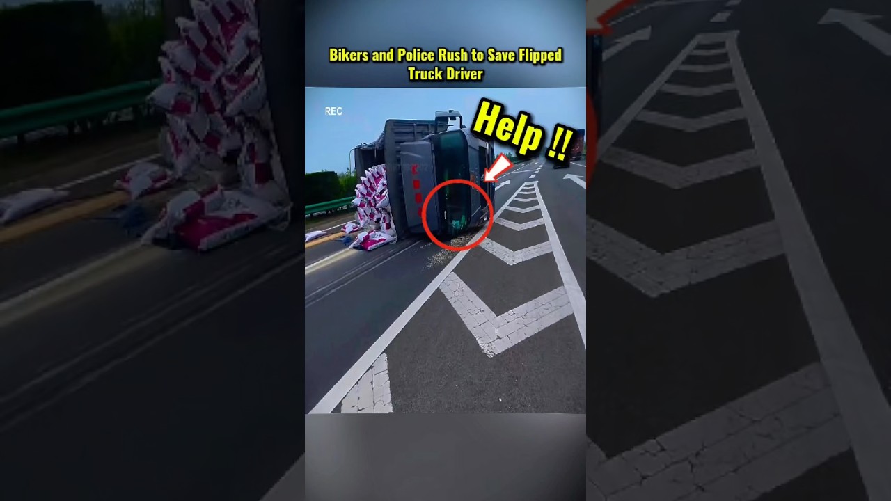 Biker and Police Rush to Save Flipped Truck Driver #police #cops #shorts
