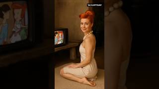 The Flintstones characters in a real life watching their cartoon