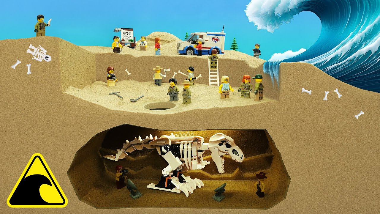 Trapped in an Ancient Dinosaur Cave  - Tsunami Lego Dam Breach - Archaeologist Flood Disaster