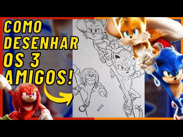 Desenhando e Esboçando Sonic 2 do filme com knukcles e Tails. desenho e  esboço 