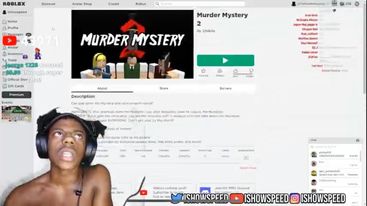 Murder Mystery 2 là trò chơi đầy thử thách và kịch tính đưa người chơi vào vai những thám tử tài ba. Với Ishowspeed, bạn sẽ được trải nghiệm những tội ác và bí ẩn đầy hấp dẫn. Đừng bỏ lỡ hình ảnh liên quan để cùng khám phá thế giới đầy bí ẩn này.