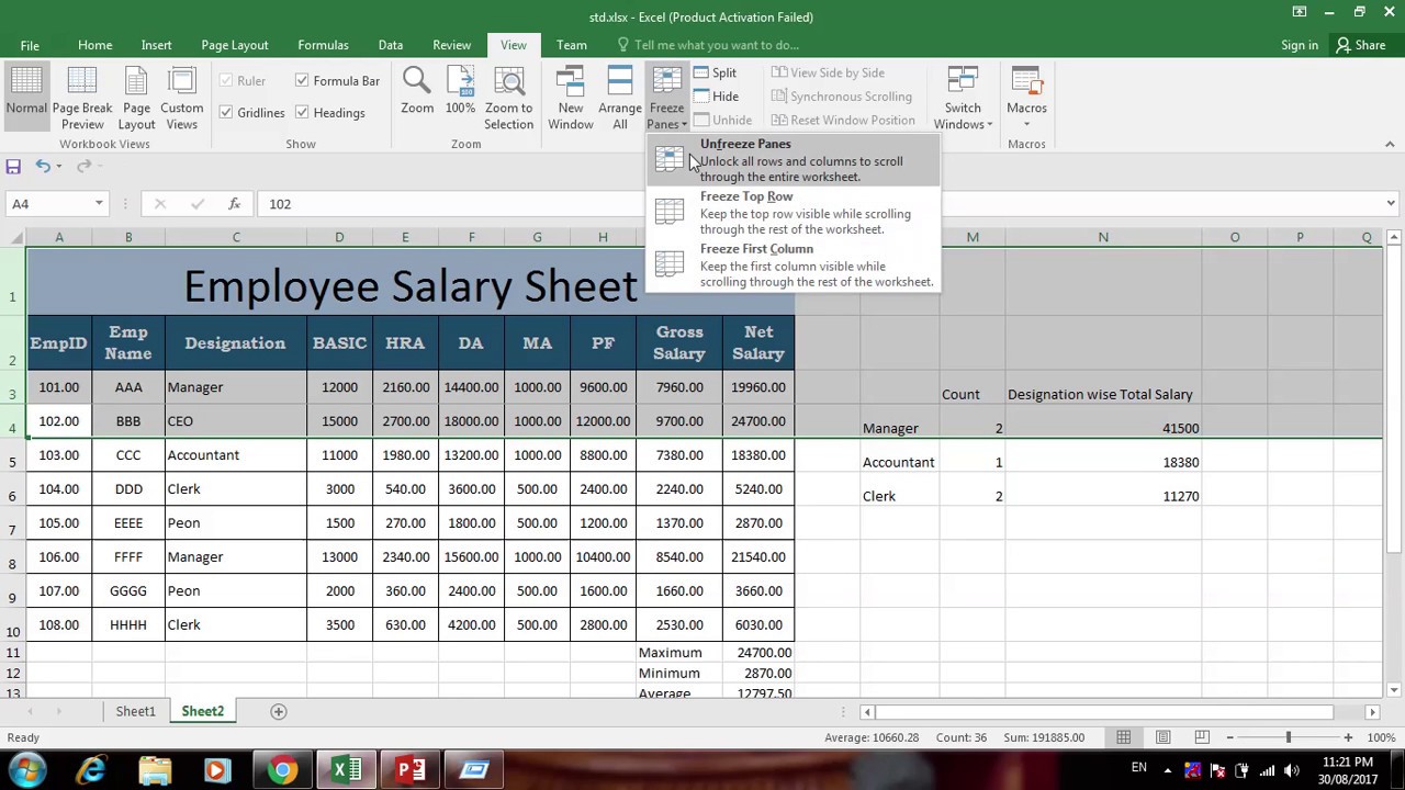 Employee Salary Sheet Using Countif And Sumif Function In Ms Excel 2016