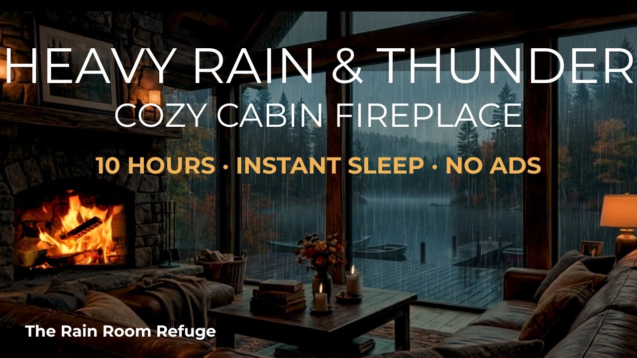 Heavy Rain & Thunder | Cozy Cabin Fireplace | 10 Hrs Instant Sleep | No ...