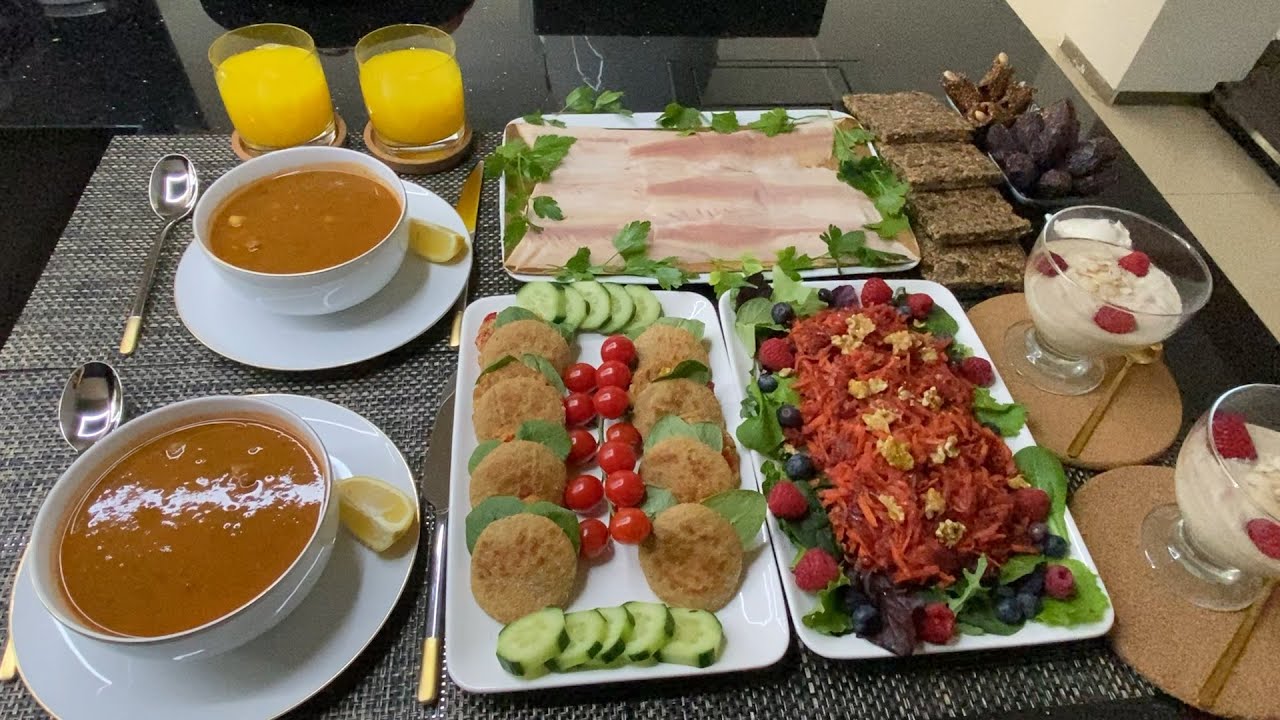 مائدة افطار صحية 🌙حريرة بلا دقيق / خبز بلا غلوتين بزرارع/ سلطة غنية ومنعشة/بطبوط معمر + تحلية لذيذة