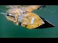 Cardboard ship sinking, Uboat torpedoed and sank model liner, mini shipwreck