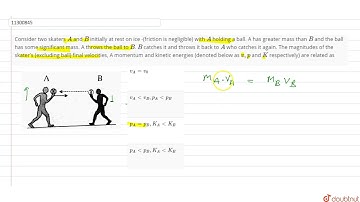Consider two skaters `A` and `B` initially at rest on ice -(friction is negligible) with `A` hol...