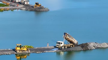 Incredible SHANTUI and Wheel Loader SDLG Push Rock And Sand In lake with SHACMAN Transporting Rock