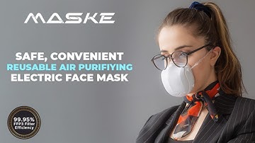 MASKE Reusable Air Purifying Electric Face Mask offering 99.95% efficient with HEPA, PPPE3 filters.