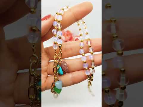 Кольє-чокер з ланцюжком та підвісками натуральне каміння, місячний камінь, видео 1