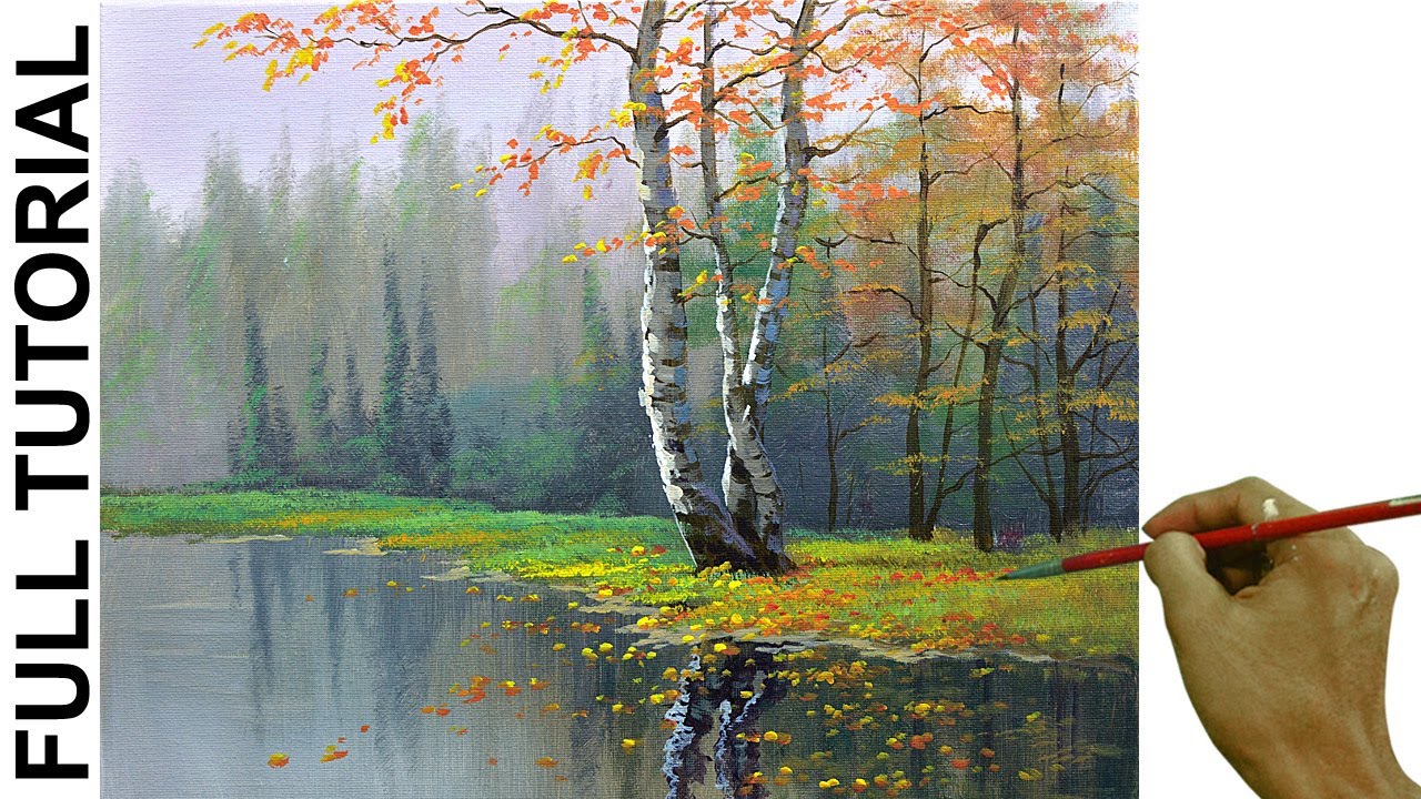 Acrylic Landscape Painting TUTORIAL / Birch Tree in Misty Forest ...