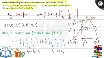 Find the area of the quadrilaterals, the coordinates of whose vertices are (i) \( (-3,2),(5,4),(...