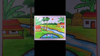 Easy Village Scenery Drawing with River Lotus Pond Beautiful Nature Drawing with Pencil Colors