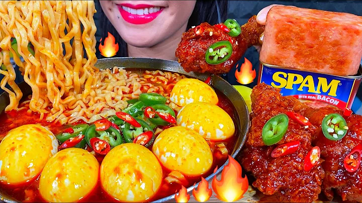 ASMR SOUPY FIRE NOODLES, SPICY FRIED CHICKEN, SOFT BOILED EGG, SPAM MASSIVE Eating Sounds