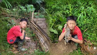 The boy saw the dead duck and buried it, then cut down a tree to bring water home.