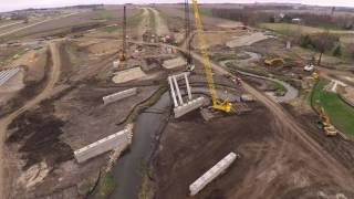 Large Cranes Placing Highway 100 Bridge Beams in Cedar Rapids Iowa April 11 2017