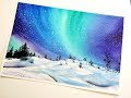 Winter Landscape Northern Lights Watercolor Painting