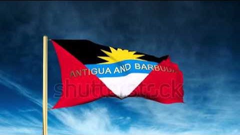 Antigua And Barbuda flag slider style with title. Waving in the wind with cloud background
