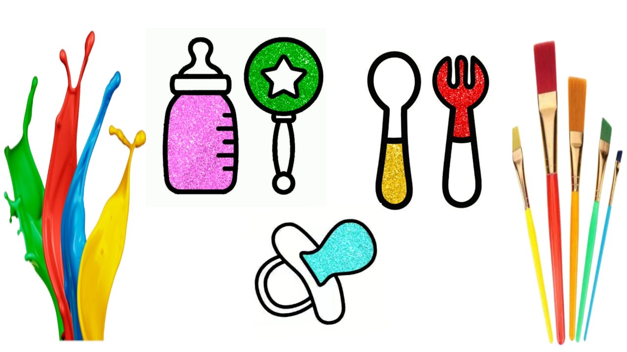 How to Draw Baby Bottle Rattle Pacifier|coloring& paintingToddlers ...