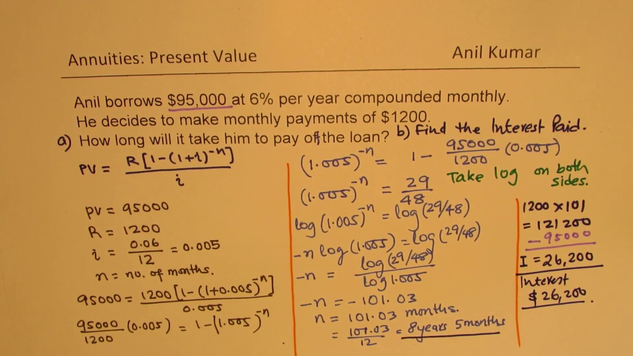 Present Value Using Log Annuity Present Value Calculate Time Required taking Logarithms - YouTube